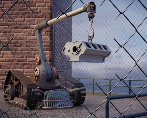 Ilustración que muestra un robot cargando una pieza con un gancho