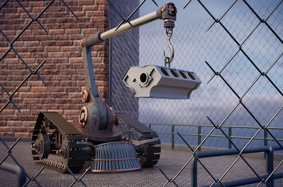 Ilustración que muestra un robot cargando una pieza con un gancho