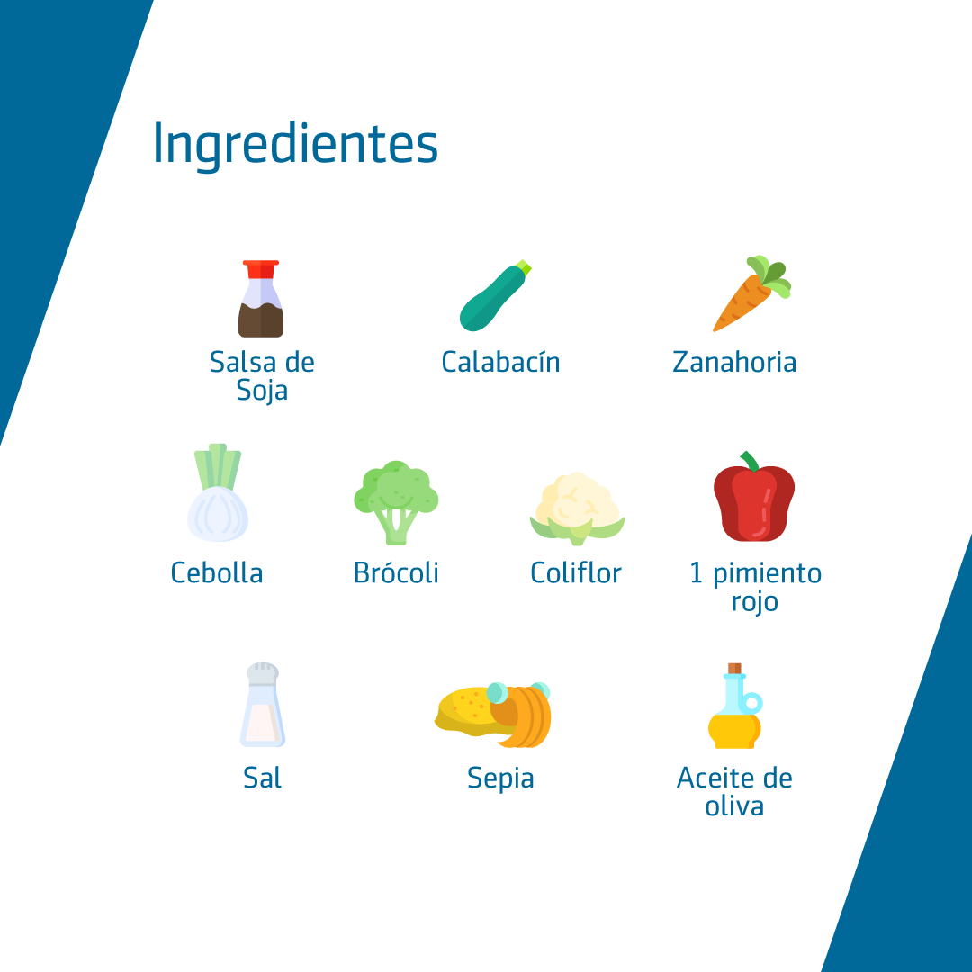 Ingredientes necesarios para la receta salteado de verduras con salsa de soja y sepia a la plancha