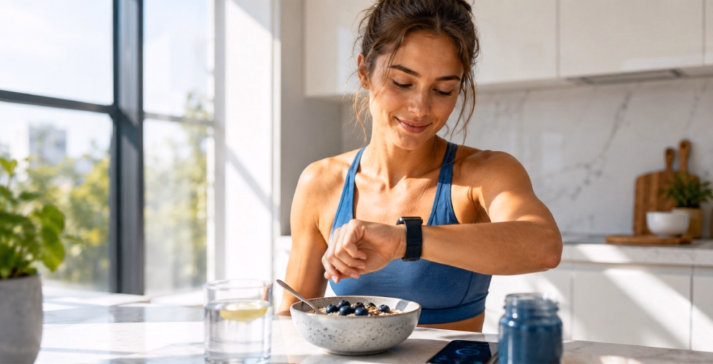 Mujer mirando el reloj mientras desayuna