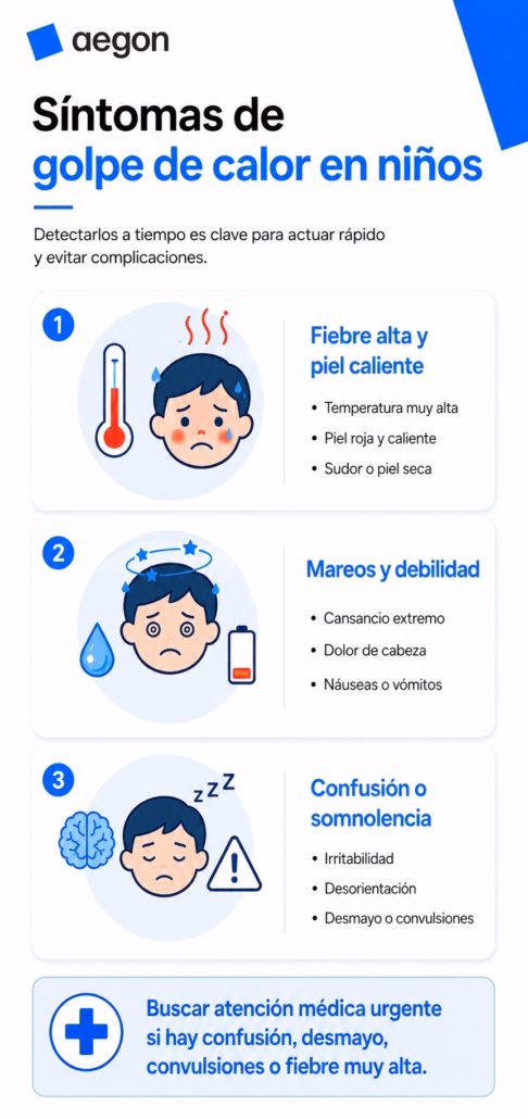 Infografía sobre los síntomas del golpe de calor en niños
