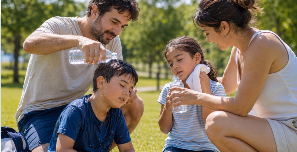 Padres ayudando a un niño con agua para aliviar un golpe de calor